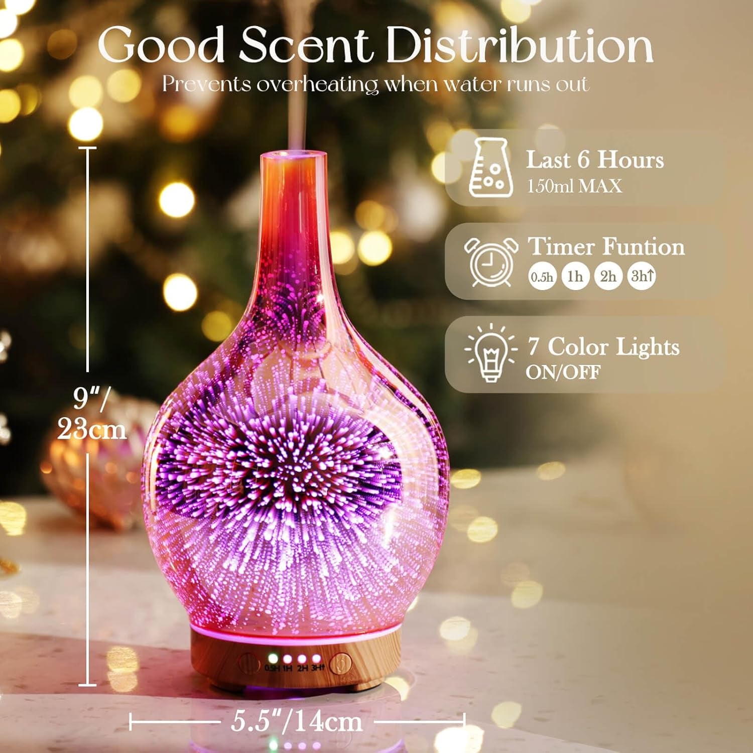 150Ml Handmade Essential Oil Diffuser 6H Runtime | Elegant Handmade Glass Aroma Diffuser with 7-Color Leds, Quiet Aromatherapy and Safe Auto Shut-Off, Perfect for Gifts