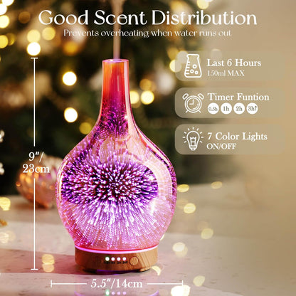 150Ml Handmade Essential Oil Diffuser 6H Runtime | Elegant Handmade Glass Aroma Diffuser with 7-Color Leds, Quiet Aromatherapy and Safe Auto Shut-Off, Perfect for Gifts