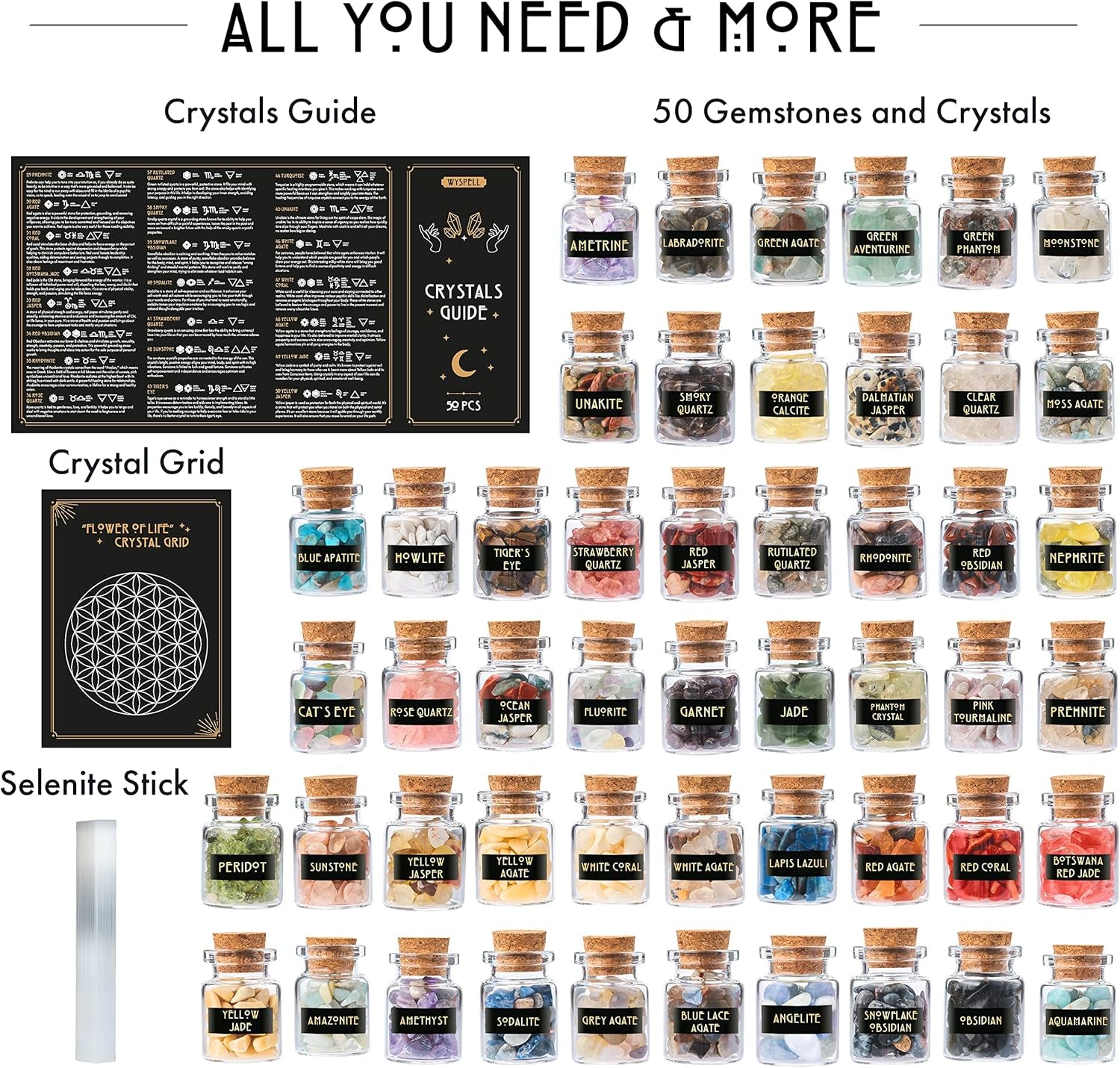 Bulk Crystals and Healing Stones 50 PCS - Real Mini Crystals for Spell Jars | Natural Crystals & Selenite Stick - Healing Crystal Set for Witchcraft Supplies - Beginners Set - Perfect Spiritual Gift