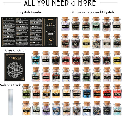 Bulk Crystals and Healing Stones 50 PCS - Real Mini Crystals for Spell Jars | Natural Crystals & Selenite Stick - Healing Crystal Set for Witchcraft Supplies - Beginners Set - Perfect Spiritual Gift