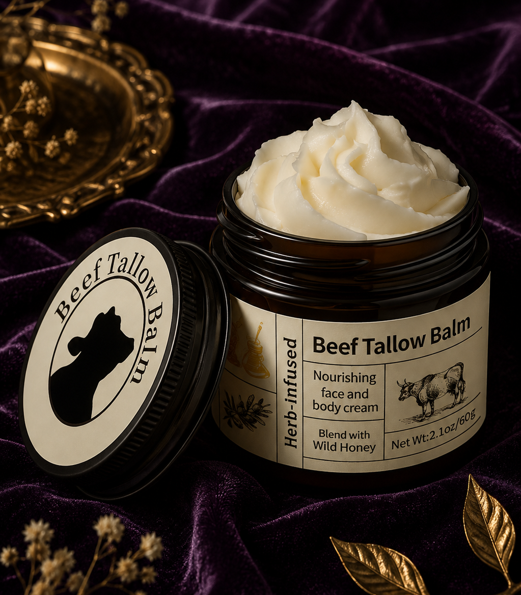 An open jar of Beef Tallow Balm with cream-colored balm visible, shown beside its lid on a dark purple velvet fabric with decorative gold leaves and dried flowers.