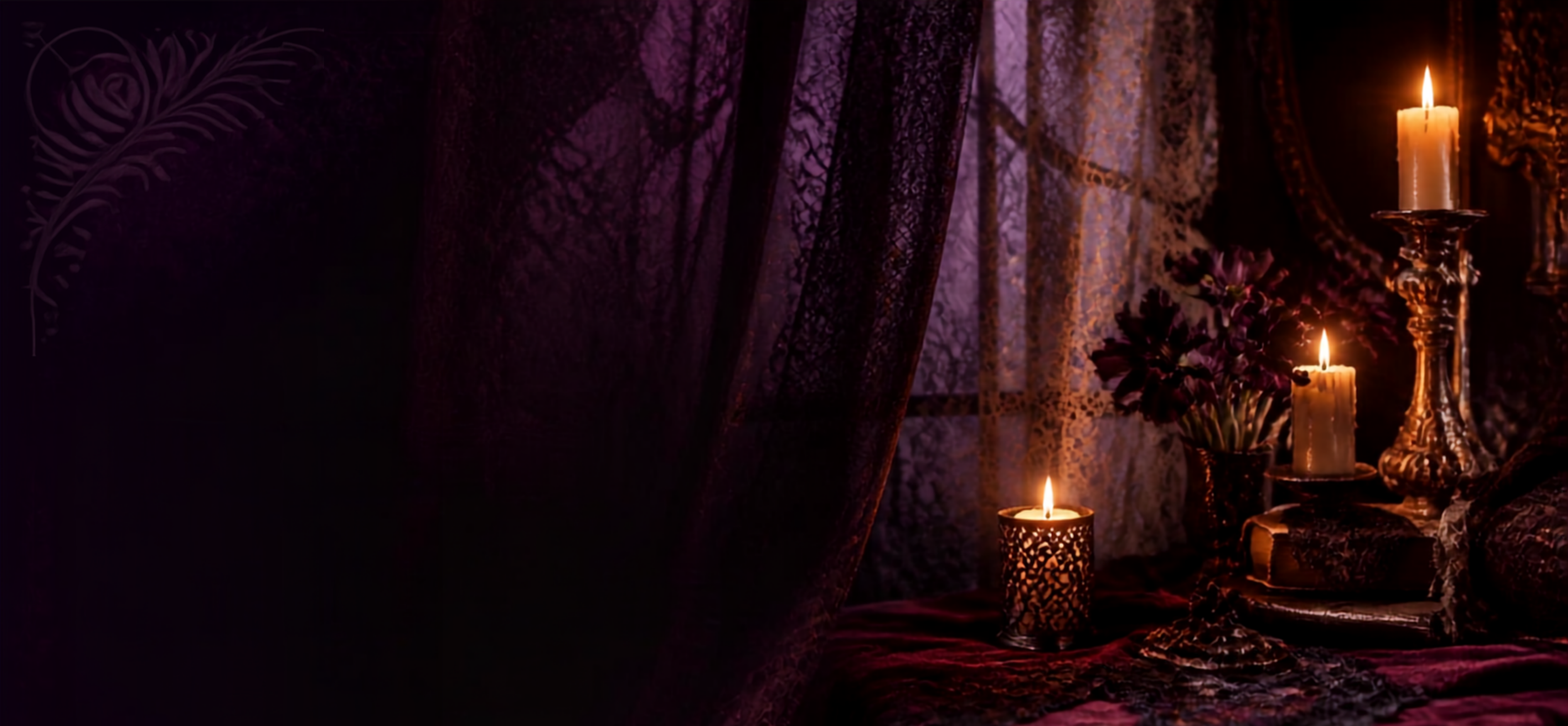 Dark gothic scene with black lace curtains, draped fabric, and several lit candles on a table, including one in a tall ornate holder and two smaller patterned holders.