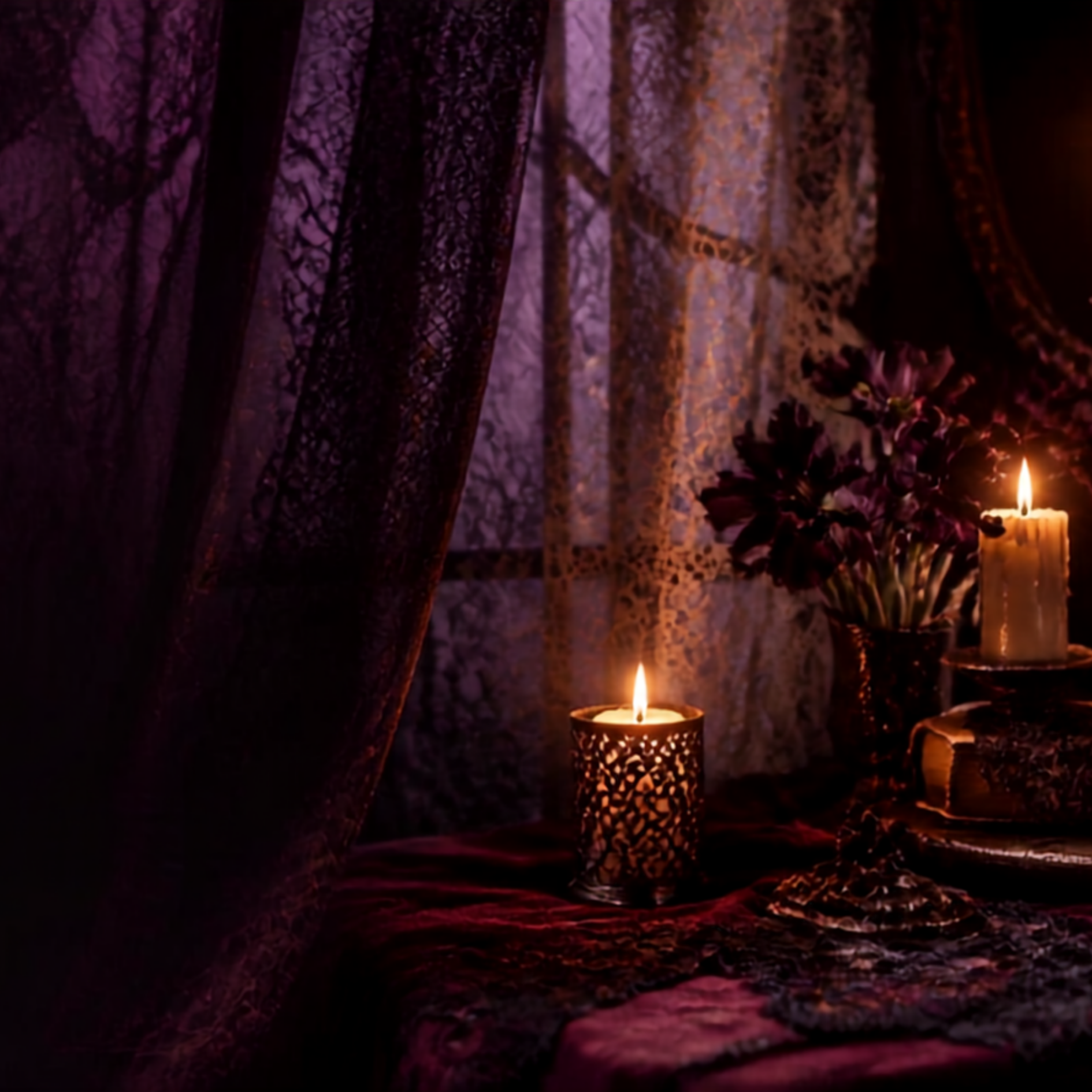 Dark gothic scene with black lace curtains, draped fabric, and several lit candles on a table, including one in a tall ornate holder and two smaller patterned holders.