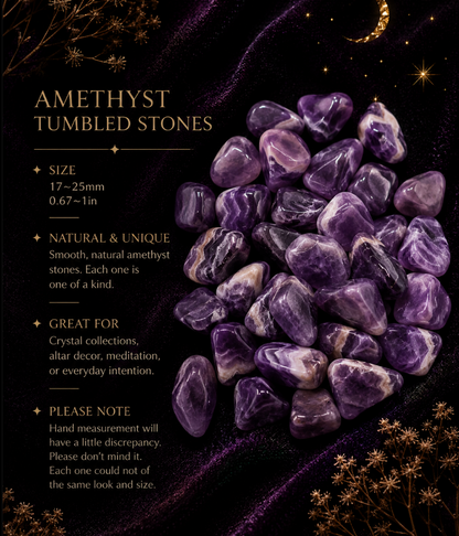 A promotional graphic for amethyst tumbled stones, showing a pile of polished purple amethyst stones on a dark purple fabric background with decorative gold stars and text detailing size, natural uniqueness, and use for crystal collections or meditation.