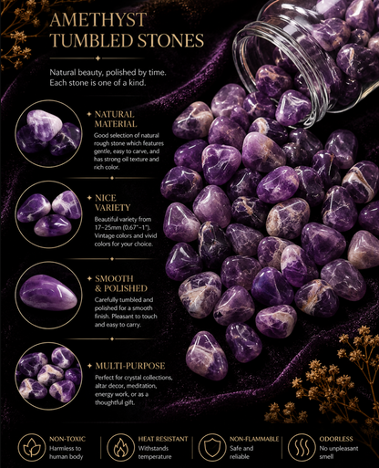 A promotional graphic for amethyst tumbled stones, showing a glass jar tipped over with many polished purple stones spilling out onto dark fabric. Text on the left lists benefits such as natural material, nice variety, smooth polished finish, and multi-purpose use.